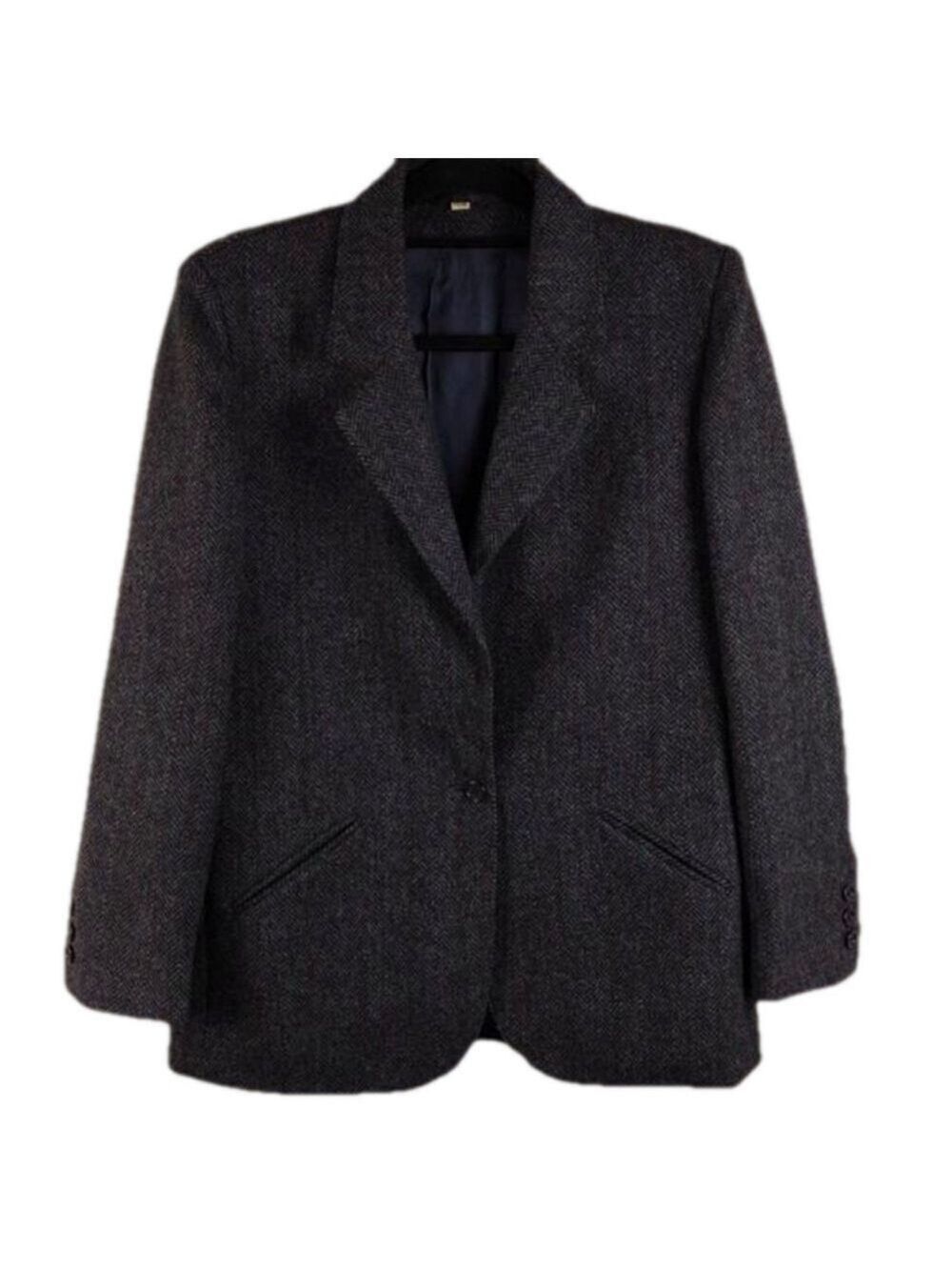 Peabody House International Blue Herringbone Wool Single Breasted Blazer Jacket